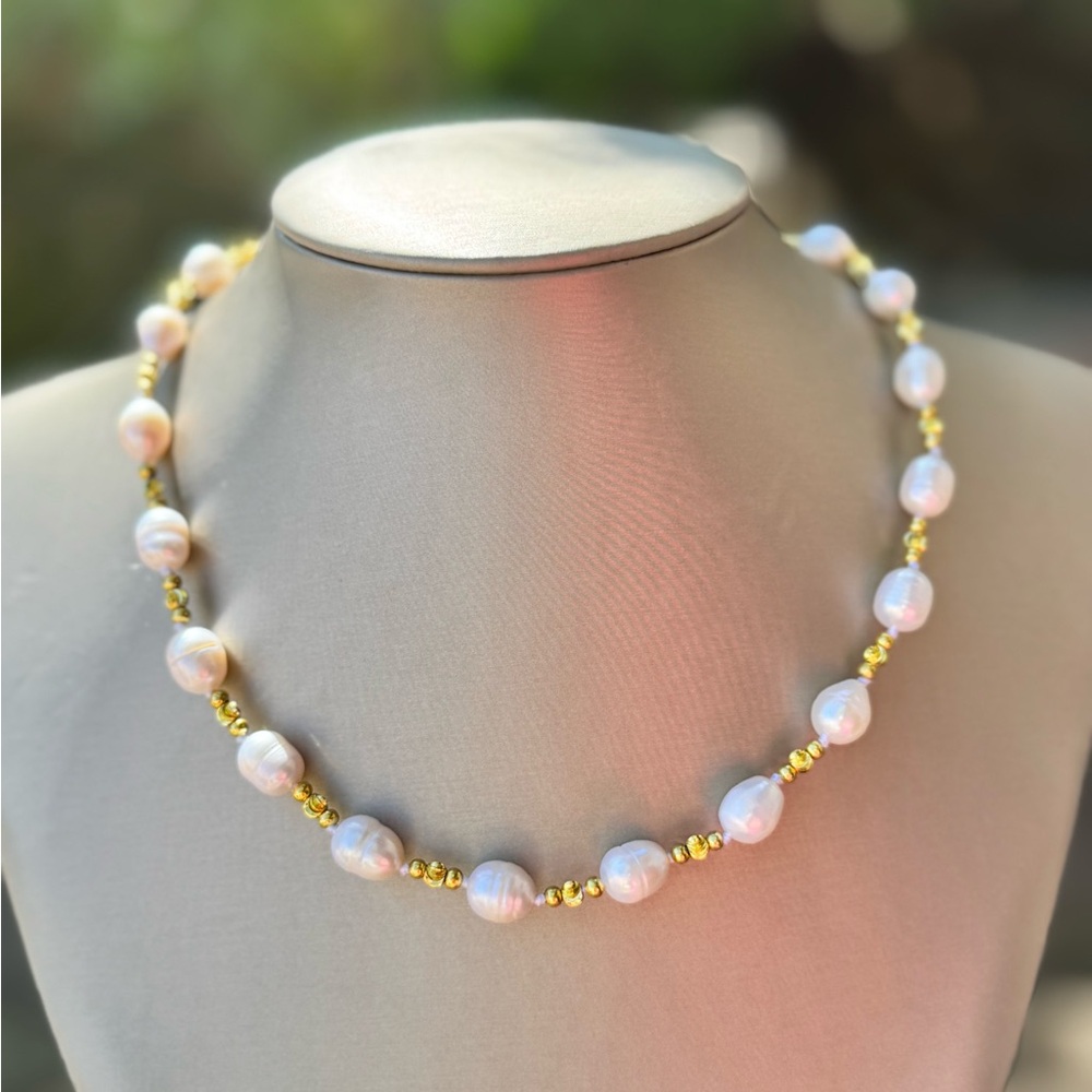 Heirloom Freshwater Pearl & Gold Beaded Necklace w/Rhinestone Circle Clasp
